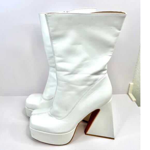 Pretty Little Thing White Platform Boots Size 7 Chunky Heels Square Toe Zip - Picture 9 of 15